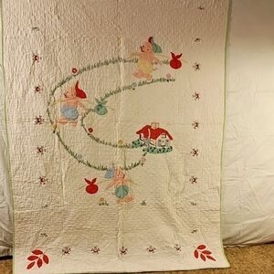 Vintage Cream Three Little Pigs Youth Quilt with Embroidery Handmade Grandmacore